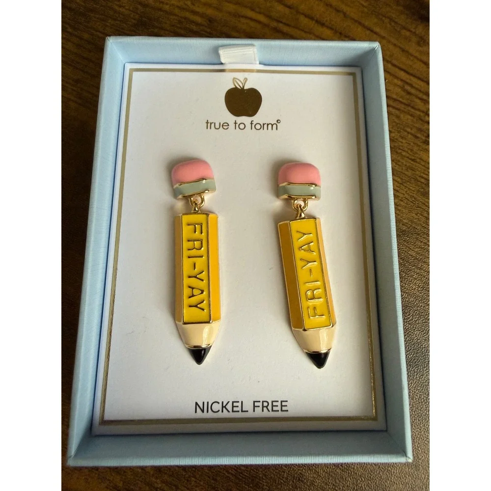 True to Form Teacher Pencil Drop Earrings FRI-YAY Enamel Nickel Free Box